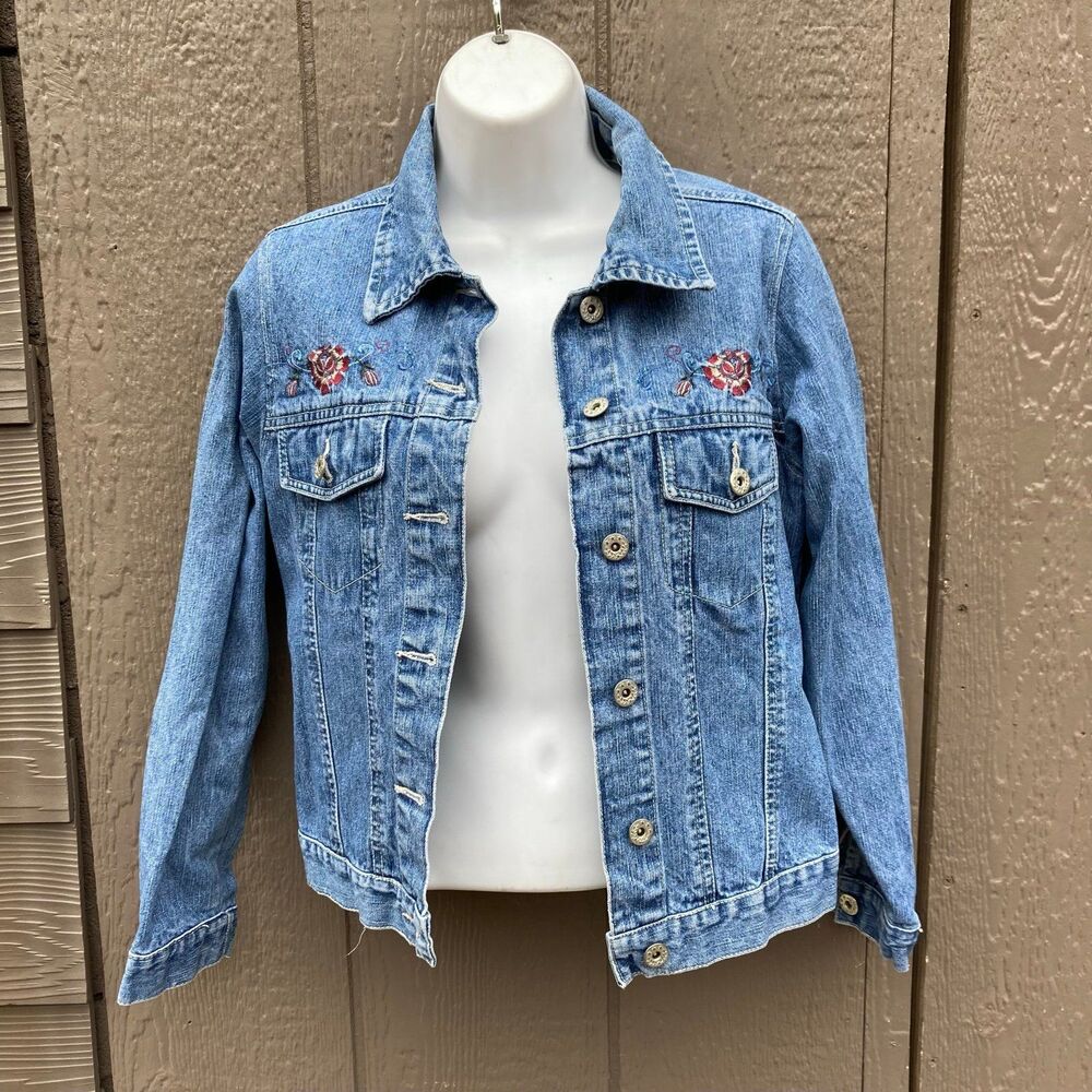 Y2K faded glory women’s size small denim jean jacket with flowers embroidered